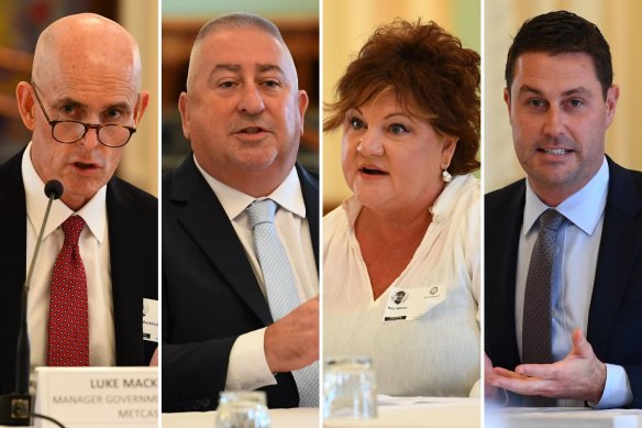 Metcash’s Luke Mackenzie and Roy Leisk, Roz White from White’s IGA Group, and Aldi’s Jordan Lack appeared at the inquiry on Tuesday.