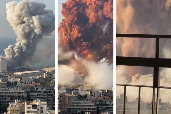 A series of images of the August 4 port explosion in Beirut.
