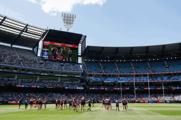 The light towers were not turned on at the start of Sunday’s game at the MCG between Melbourne and the Western Bulldogs, but they were used throughout the final three quarters, even though the game was played in glorious sunshine.