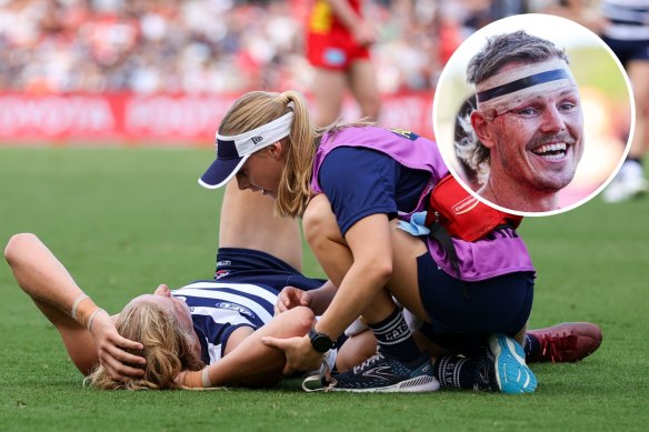 Geelong defender Sam de Koning was subbed out of the game after a clash of heads with Gold Coast’s Nick Holman (inset).