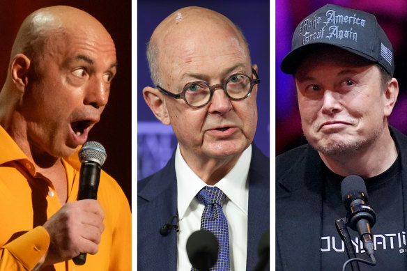 ABC chair Kim Williams (centre) has found himself in an unlikely war of words with Joe Rogan (left) and drawn criticism from Elon Musk.