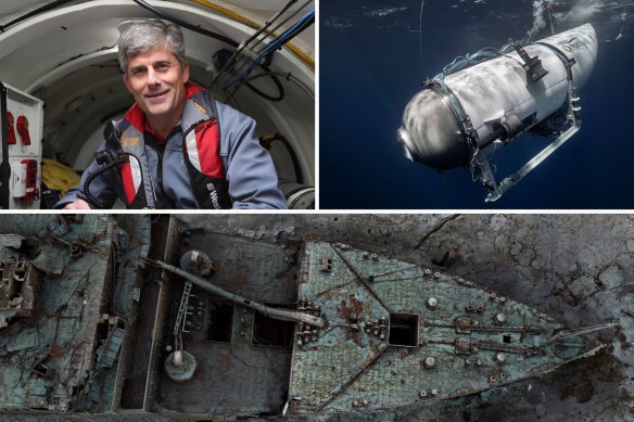 OceanGate CEO and co-founder Stockton Rush; the Titan submersible; and the wreck of the Titanic.