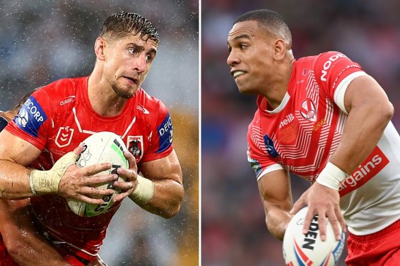 St George Illawarra’s Zac Lomax and St Helens’ former NSW Origin and NRL star Will Hopoate.