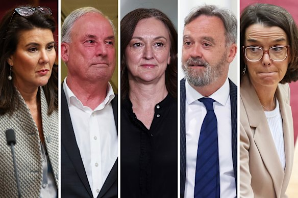Liberal moderates (from left) Jane Hume, Richard Colbeck, Maria Kovacic, Andrew McLachlan and Anne Ruston were among those who gathered in Parliament House on Wednesday to commiserate.