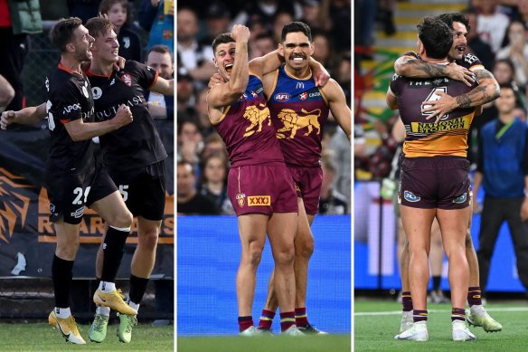 Brisbane’s Roar, Lions and Broncos teams celebrate scoring en route to getting into their respective finals.