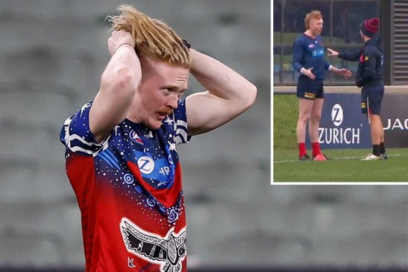 Injured Melbourne star Clayton Oliver showed his frustration at training.