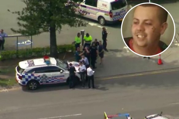 Levi Johnston (inset) was stabbed to death outside a gym in the Brisbane suburb of Mansfield on Monday, sparking what police have described as one of the most significant manhunts in recent times.