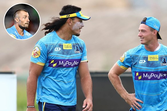 Titans coach Justin Holbrook says that Kieran Foran (inset) and former Roosters hooker and 2019 premiership winner Sam Verrills, right, had set 23-year-old Titans captain Tino Fa’asuamaleaui free. 