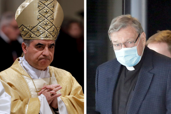 Former cardinal Giovanni Angelo Becciu (left) and Cardinal George Pell. 