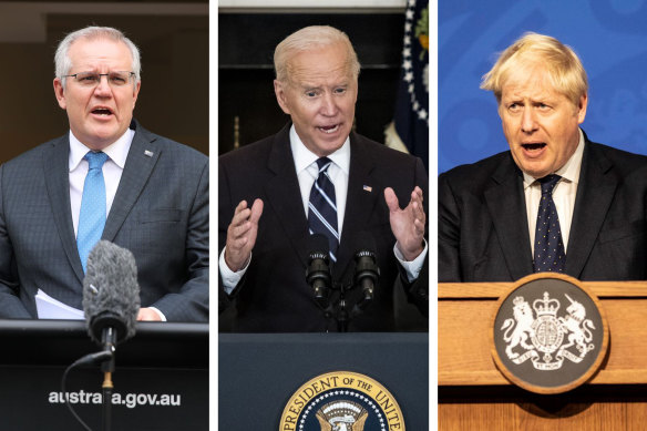 Scott Morrison, Joe Biden and Boris Johnson unveiling the AUKUS alliance.