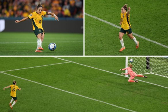 The Matildas’ Katrina Gorry shoots (top left), scores (bottom) and celebrates (top right) in the penalty shootout against France in the World Cup quarter-finals.