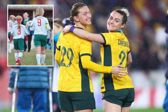 Matildas defenders Clare Hunt and Ellie Carpenter and (inset) as kids playing in Central West NSW. They both now play their club football in France.