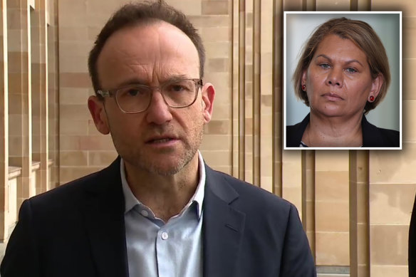 Adam Bandt and senator Dorinda Cox (inset), who has been accused of bullying.
