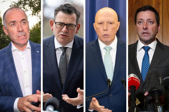The short-lived tenure of former banker Andrew Thorburn (far left) as CEO of Essendon Football Club has attracted comment from Victorian Premier Daniel Andrews, Federal Opposition Leader Peter Dutton and Victorian Opposition Leader Matthew Guy.