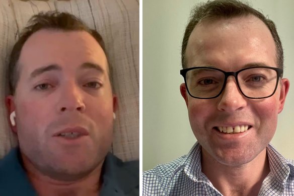 NSW Agriculture Minister Adam Marshall when he was battling the worst of his COVID symptoms, and now right, on the mend.