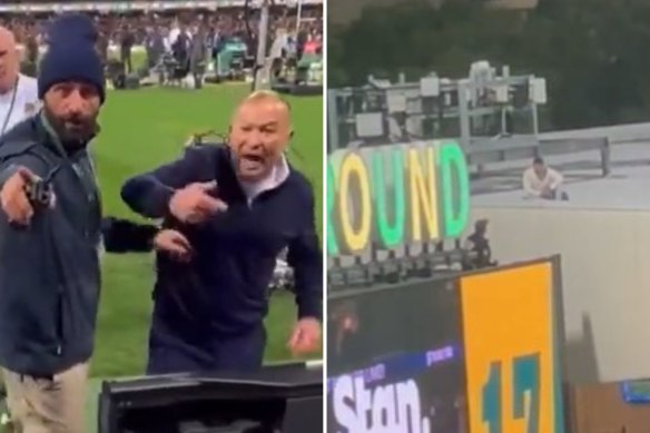 Eddie Jones takes on a heckler at the SCG; and a fan on the roof of the O’Reilly Stand.