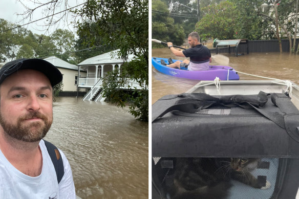 Sam Bowstead and his cat Bear were evacuated from their Queenslander style home. They managed to return the next day because of measures taken by Mr Bowstead, a flood resilience expert, that reduced damage.