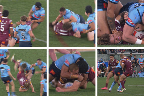 (Clockwise from top left) Stephen Crichton slams Hamiso Tabuai-Fidow; Reece Robson pulls Jaydn Su’a’s hair; Reece Walsh gets a “facial”; Jarome Luai hits Daly Cherry-Evans; Stephen Crichton’s grapple on Cherry-Evans and Liam Martin dumps Reuben Cotter.