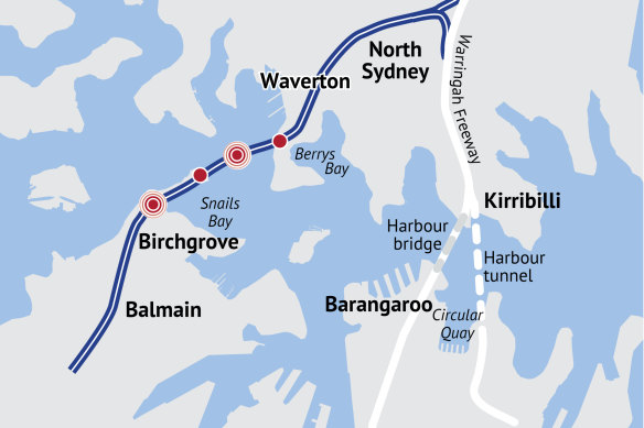 The proposed route of the Western Harbour Tunnel.