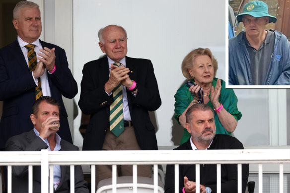 Enjoying the action at Lord’s were (from left, back row) former deputy prime minister of Australia Michael McCormack; former PM John Howard and his wife Janette Howard; and (front row) chair of Cricket Australia and former NSW premier Mike Baird and manager of Tottenham Hotspur FC Ange Postecoglou. Inset: NSW politician Mark Latham.