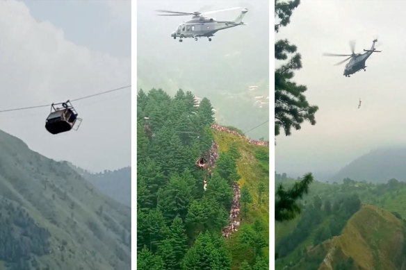A Pakistani military helicopter rescued two of seven children trapped with their teacher in a cable car dangling over a high ravine earlier on Tuesday.