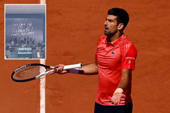 Djokovic wrote “Kosovo is the heart of Serbia. Stop violence” on a camera lens after his first-round win over Aleksandar Kovacevic.