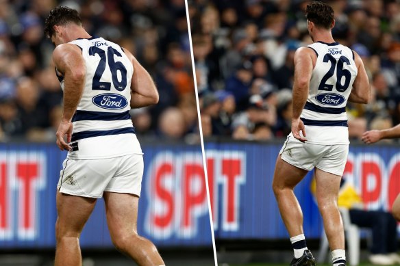 Story of woe? Tom Hawkins hobbles off the MCG.