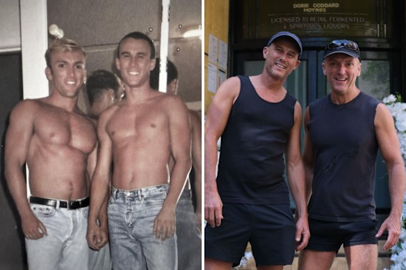 Heath Seib, left, and Darren Sheen before Mardi Gras in 1996, and getting ready for their wedding day in 2026.