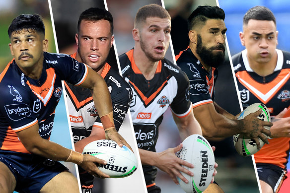 Tigers co-captains: Tyrone Peachey, Luke Brooks, Adam Doueihi, James Tamou and Ken Maumalo.