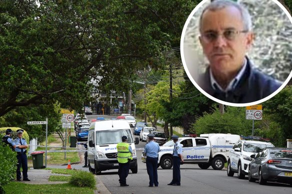 Police at the scene of the shooting on Highlands Avenue in Wahroonga, and inset, William “Bill” Murrell.