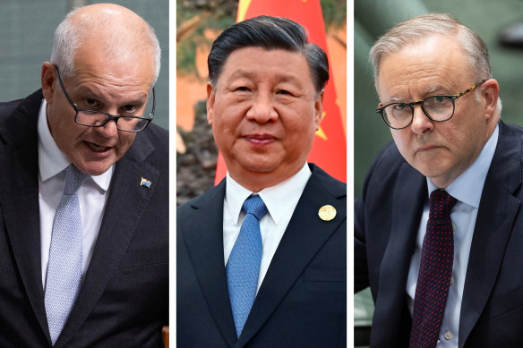 The decline of Chinese investment in Australia is partly to blame on rising tensions between the countries that rose under the government led by Scott Morrison, above left. Above centre and right, Xi Jinping and PM Anthony Albanese.