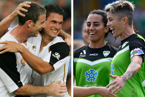 The now defunct New Zealand Knights playing in Sydney in 2007 and, right, A-League Women side Canberra United.