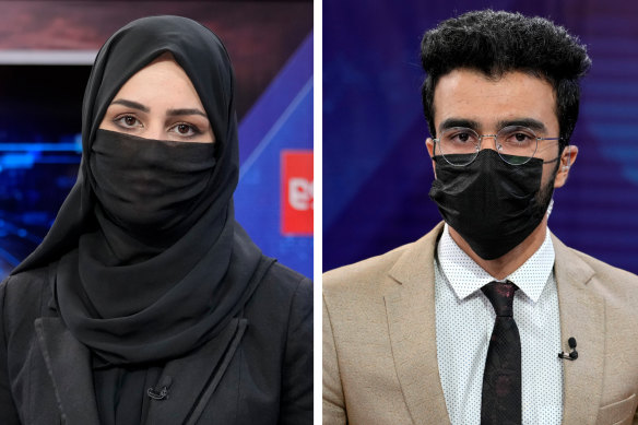 TV anchor Khatereh Ahmadi wears a face covering as she reads the news on TOLO NEWS, in Kabul, due to Taliban restrictions. Fellow news anchor Hamed Bahram wears a face mask in protest. 