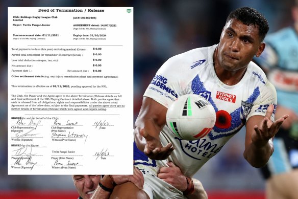 Tevita Pangai jnr and (inset) his deed of release from Canterbury last season.
