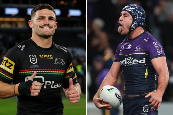 Panthers halfback Nathan Cleary and Storm halfback Jahrome Hughes.
