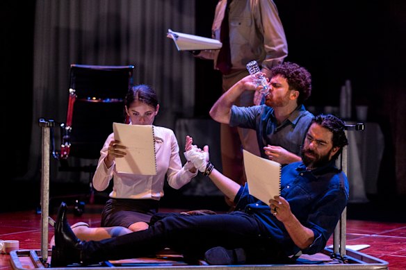 From left: Rose Riley, Faisal Hamza and Eden Falk reflect in A Mirror. 
