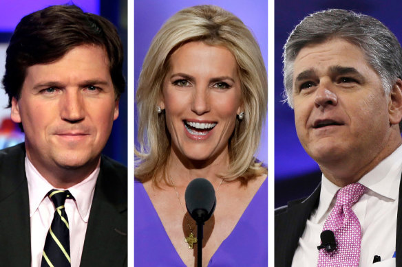 Fox presenters Tucker Carlson, Laura Ingraham and Sean Hannity pushed the lie that the election was “stolen”.