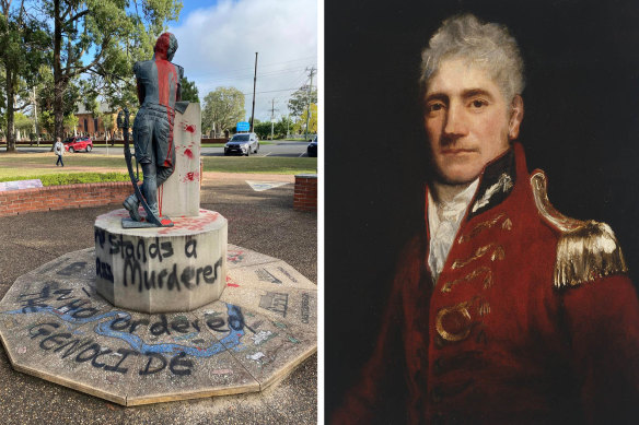 A statue of former NSW governor Lachlan Macquarie (right) has been defaced in Windsor’s McQuade Park. 