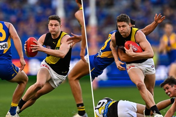 Richmond midfielder Jacob Hopper weaves through traffic and avoids West Coast tacklers.