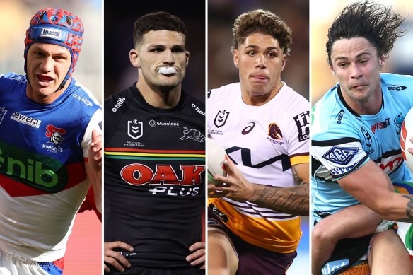 NRL finals stars (l-r): Newcastle’s Kalyn Ponga, Penrith’s Nathan Cleary, Brisbane’s Reece Walsh and Cronulla’s Nicho Hynes.