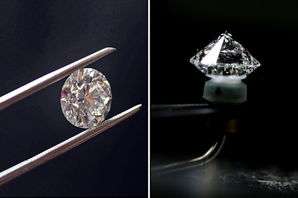 The market for natural diamonds (right) is in crisis, with cut-price lab-grown equivalents (left) hitting demand.