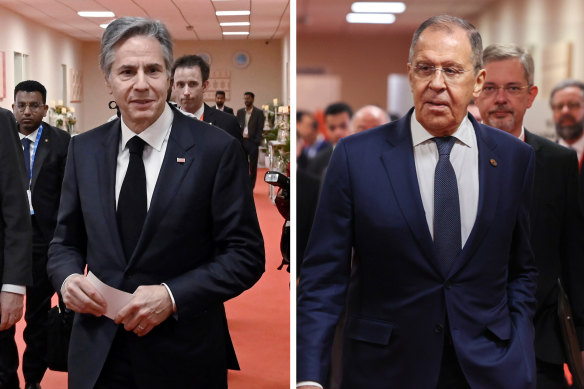 US Secretary of State Antony Blinken (left) and Russian Foreign Minister Sergey Lavrov talked on the sidelines of the G20 in New Delhi.