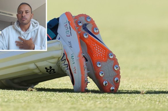 Usman Khawaja’s slogan-emblazoned shoes.