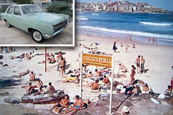 Bondi Beach in the 1960s and, inset, a green-and-white Holden similar to Ford’s.