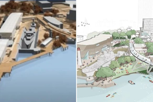 The 2006 Queensland Maritime Museum plan (left); and an image from the South Bank Master Plan released in May 2024.