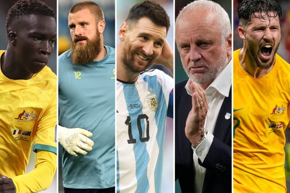 Garang Kuol, Andrew Redmayne, Lionel Messi, Graham Arnold and Mathew Leckie.