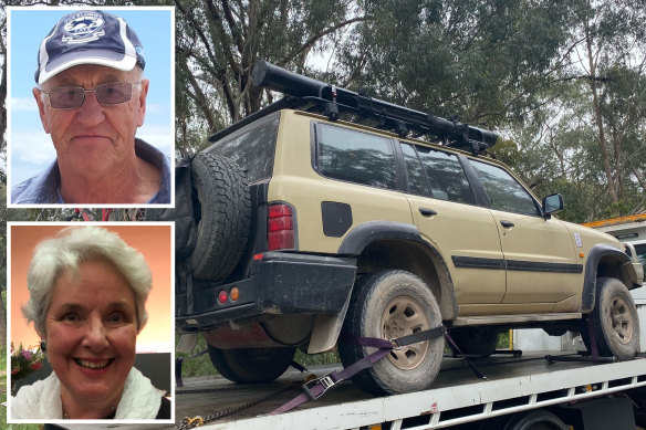A four-wheel-drive impounded by police on Monday and, inset, missing campers Russell Hill and Carol Clay.