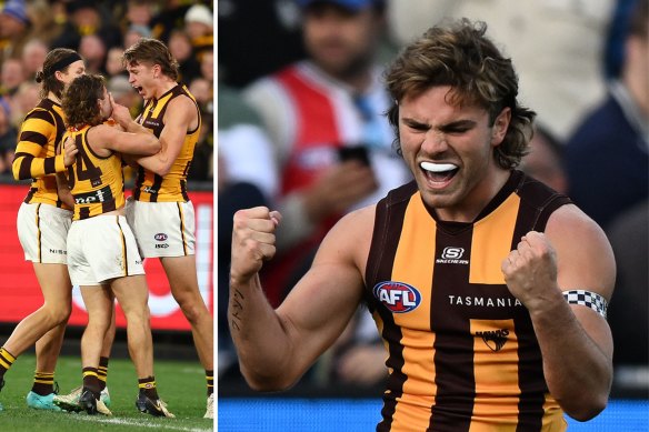 Hawthorn’s Nick Watson motions to shush the Richmond crowd after kicking a goal in Dustin Martin’s 300th game, and (right) in celebration mode.