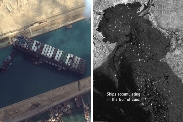 Satellite images showed ships lined up behind the Ever Given while it was blocked. 