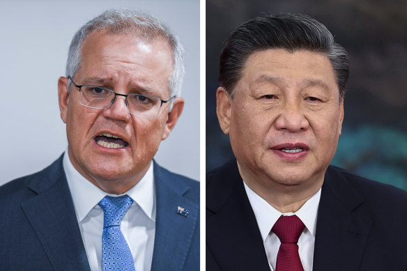 Prime Minister Scott Morrison (left) and China’s President Xi Jinping. Only one in 10 Australians say they have “a lot” or “some” confidence in Mr Xi to “do the right thing regarding world affairs”.